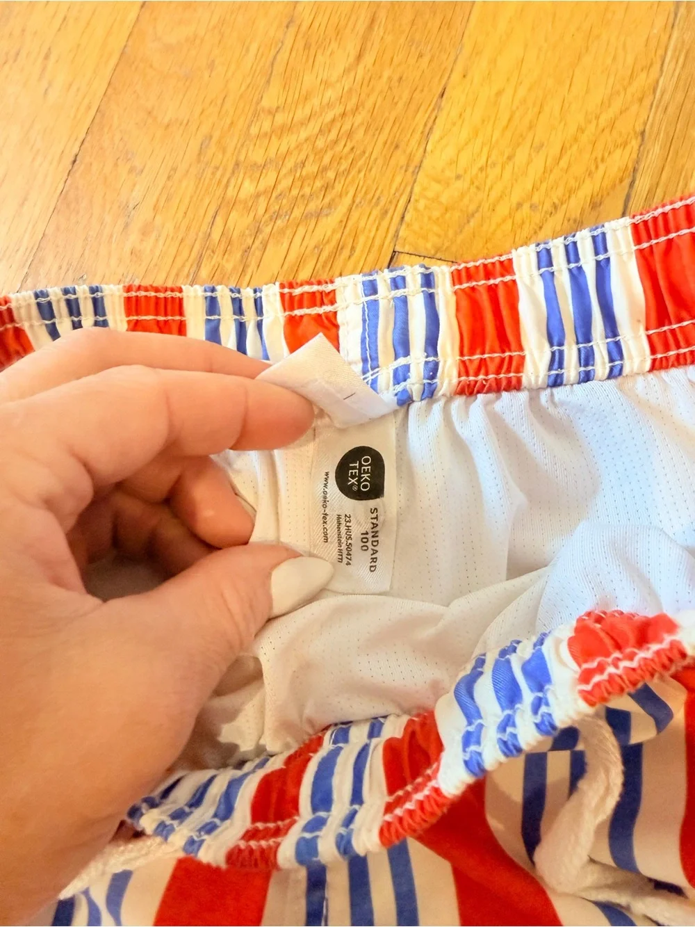 hanna andersson boys Red and Blue Striped Drawstring Swim trunks size 12